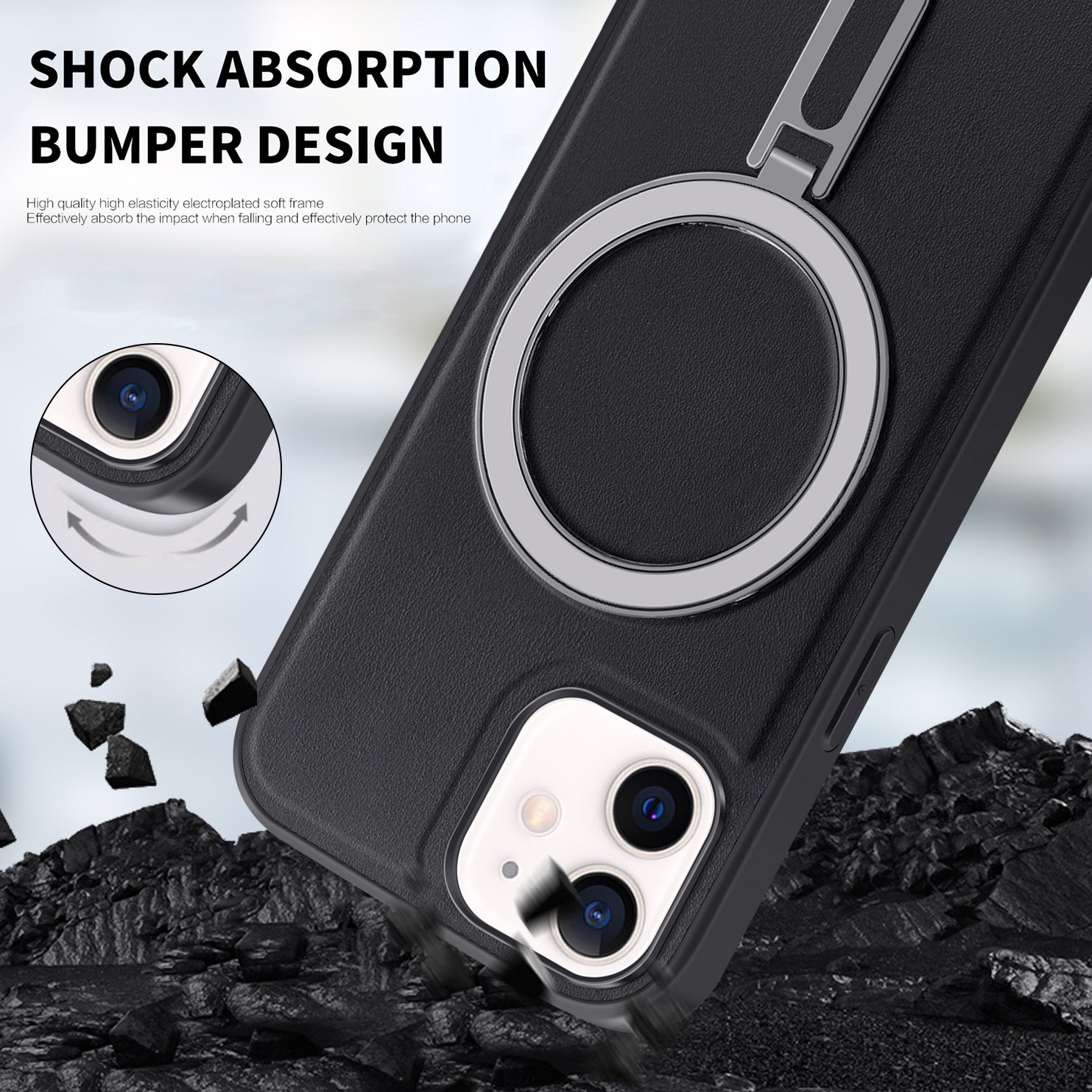 Uniqkart for iPhone 12 / 12 Pro 6.1 inch Phone Case Kickstand Design PU Leather Coated PC+TPU Magnetic Cover - Black Uniqkart for iPhone 12 / 12 Pro 6.1 inch Phone Case Kickstand Design PU Leather Coated PC+TPU Magnetic Cover - Black